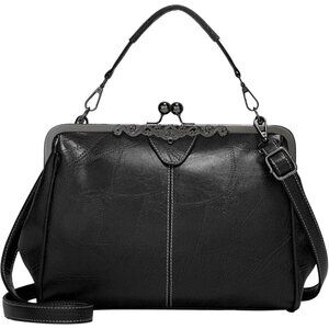 Women's Black Vegan Leather Kiss Lock Elegant Satchel Evening Crossbody Clutch